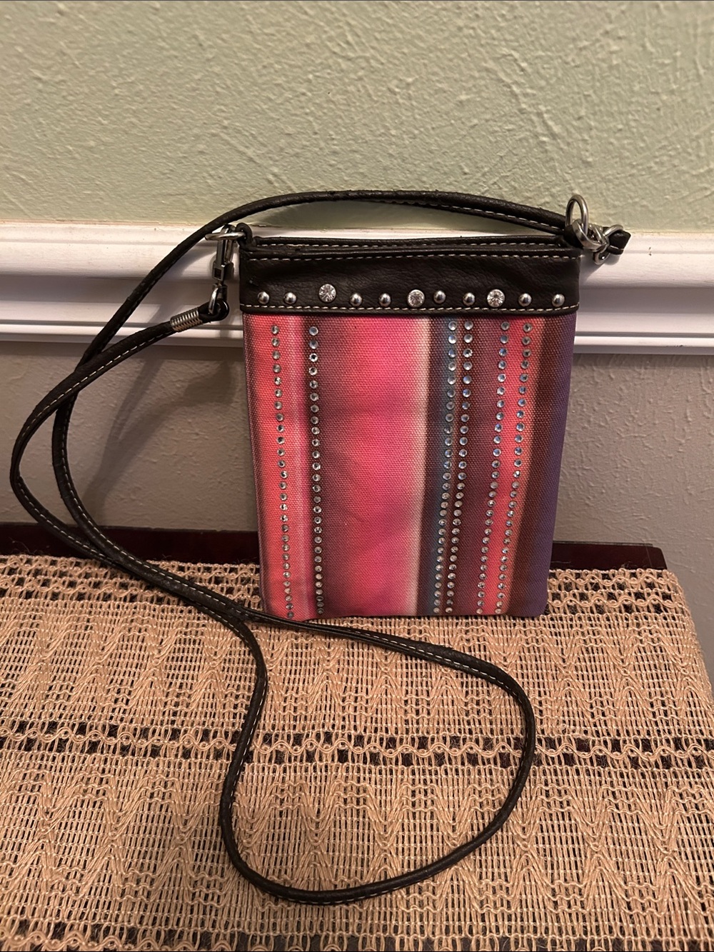 Pink Striped Crossbody Bag with Studded Accent